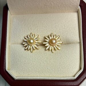 Gold Floral Pearl Stud Earrings | Sterling Silver Posts | Christmas Gift for Her